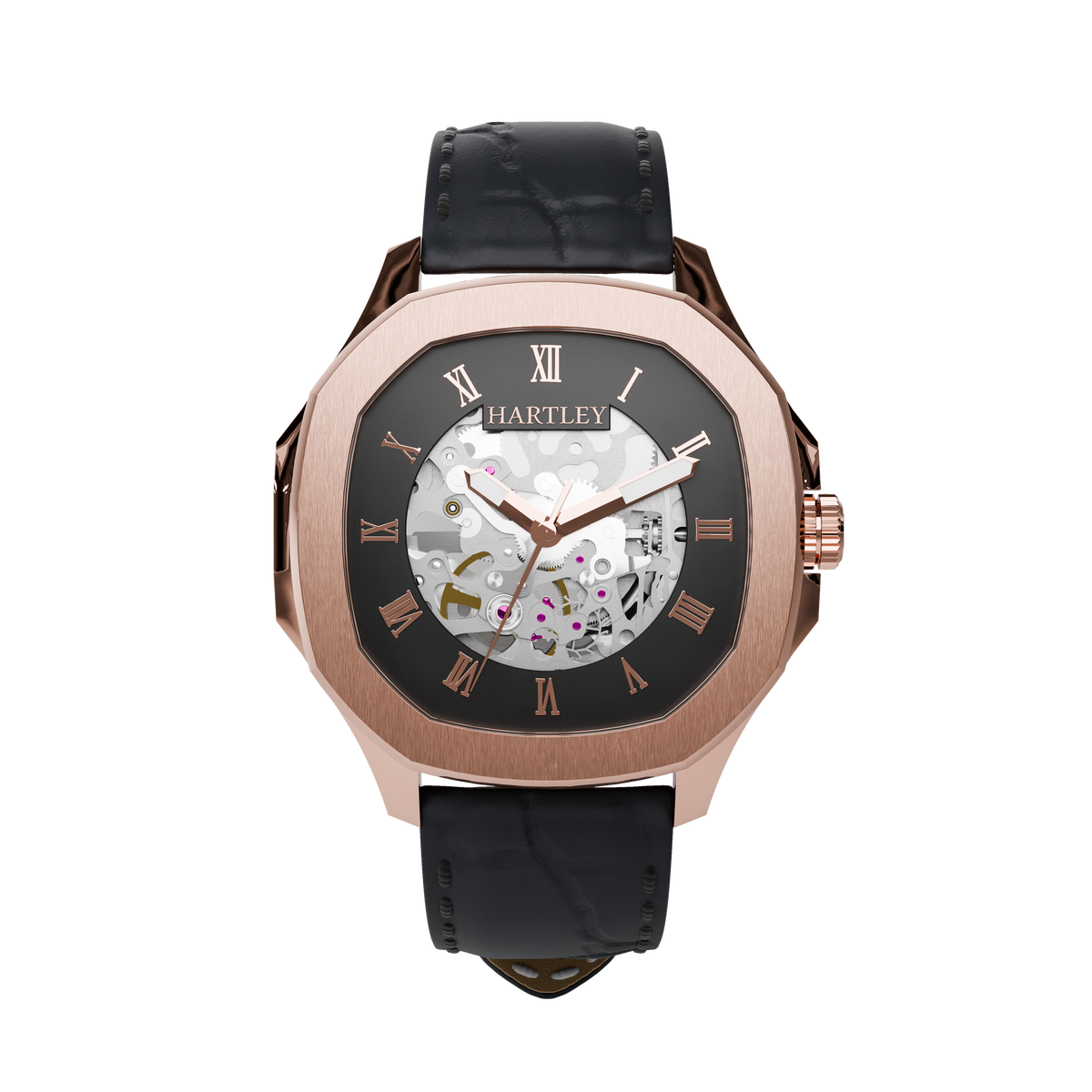 HARTLEY LEGACY ROSE GOLD BLACK CROC FRONTAL VIEW