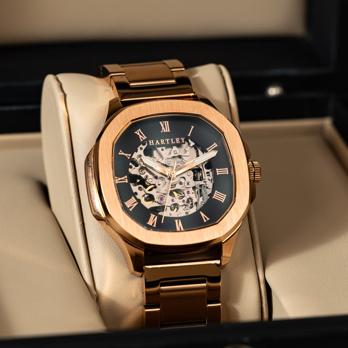 HARTLEY LEGACY ROSE GOLD STEEL BRACELET IN BOX VIEW